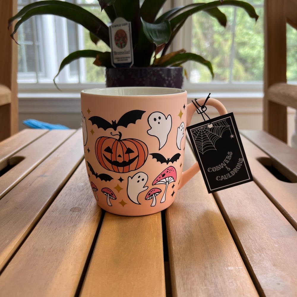 Cobwebs and Cauldrons Halloween Mug with Ghosts and Pumpkins - Salmon and Black